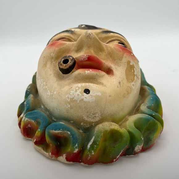Vintage Chalkware String Holder Cigar Smoking Pierrot Creepy Macabre Clown Face - Picture 3 of 6
